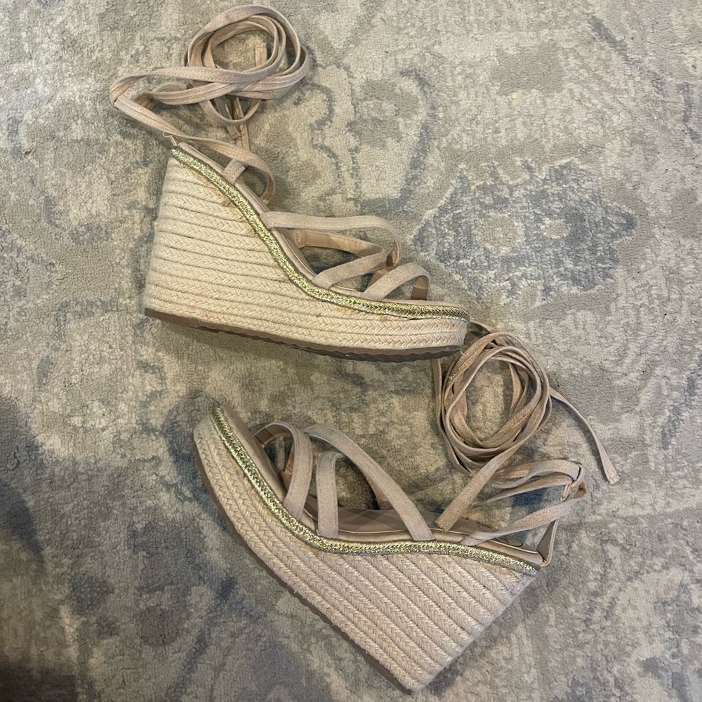Women’s lace up gold wedges